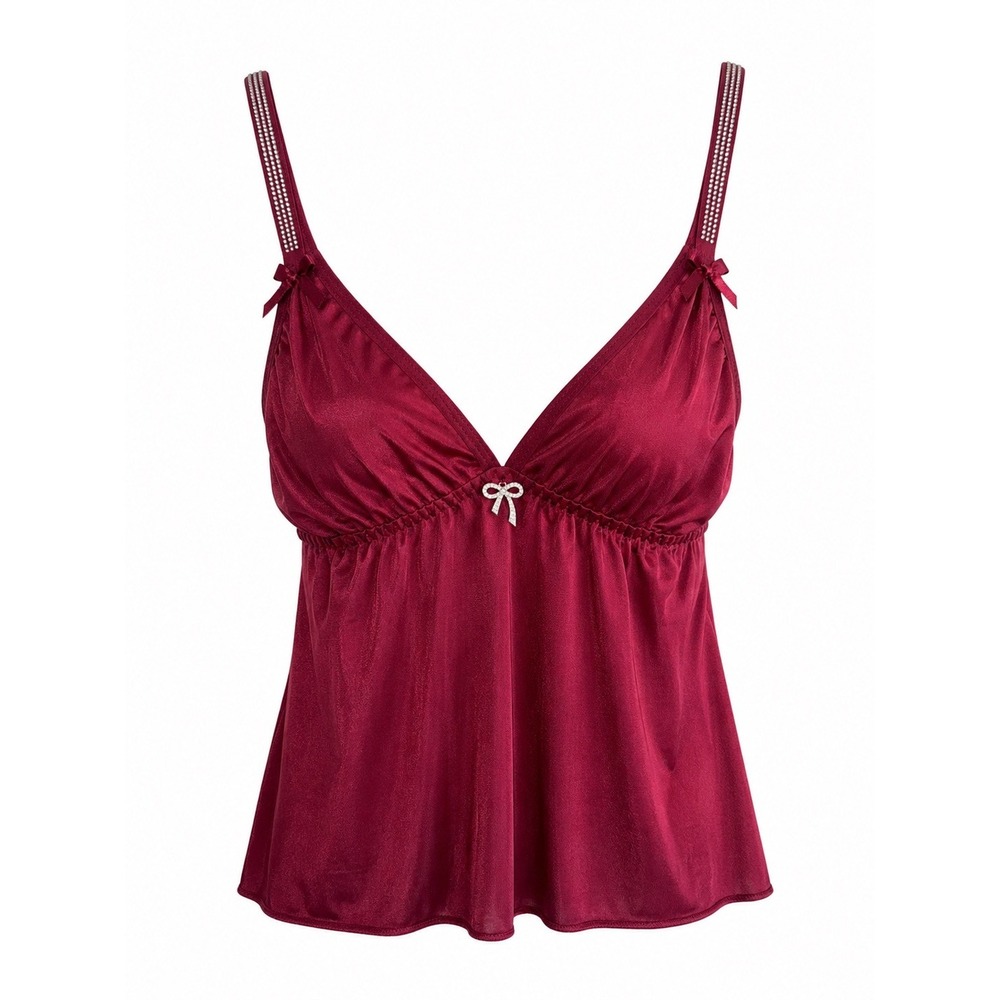 Betsy Johnson Burgundy Satin Babydoll Cami Rhinestone Bow Y2K NWT Medium